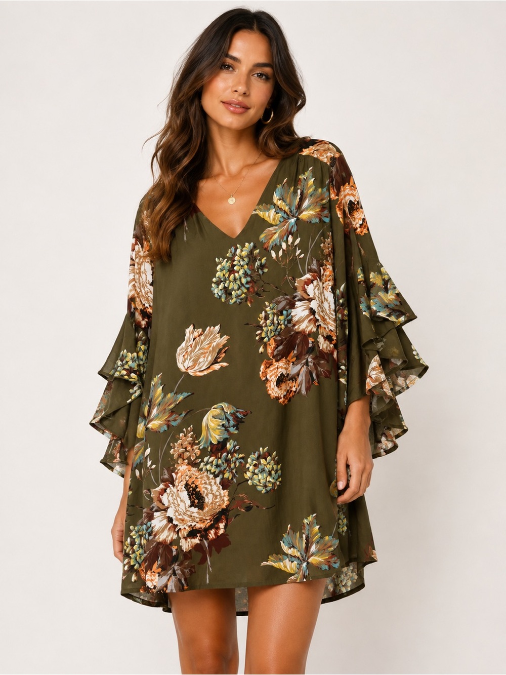 Umgee Olive Green Floral V-Neck Ruffle Sleeve Dress